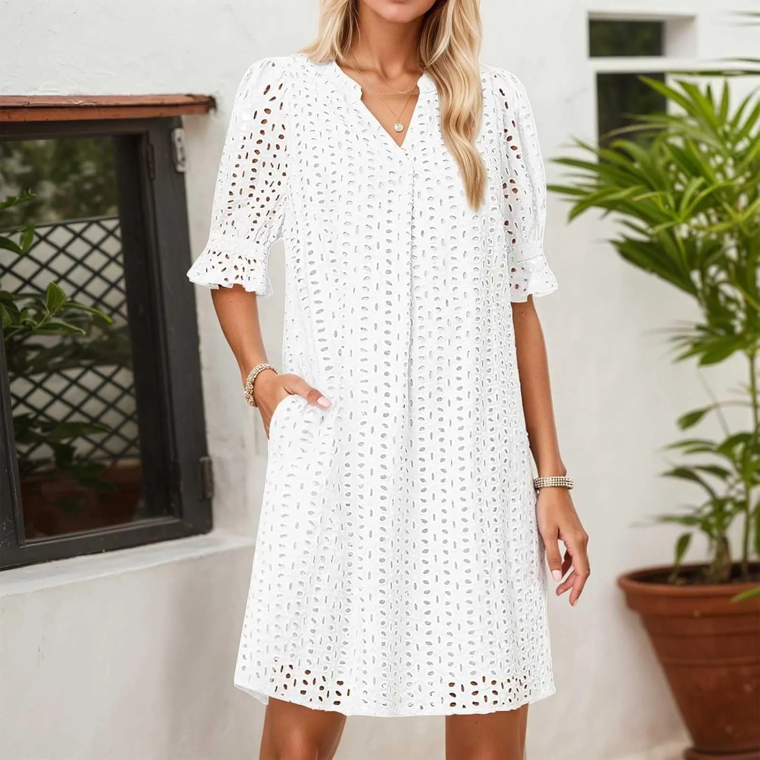 Women's 2025 Summer Dresses Ruffle Short Sleeve V Neck Hollow Out Eyelet Lace Dresses Casual Beach Vacation Mini Dress
