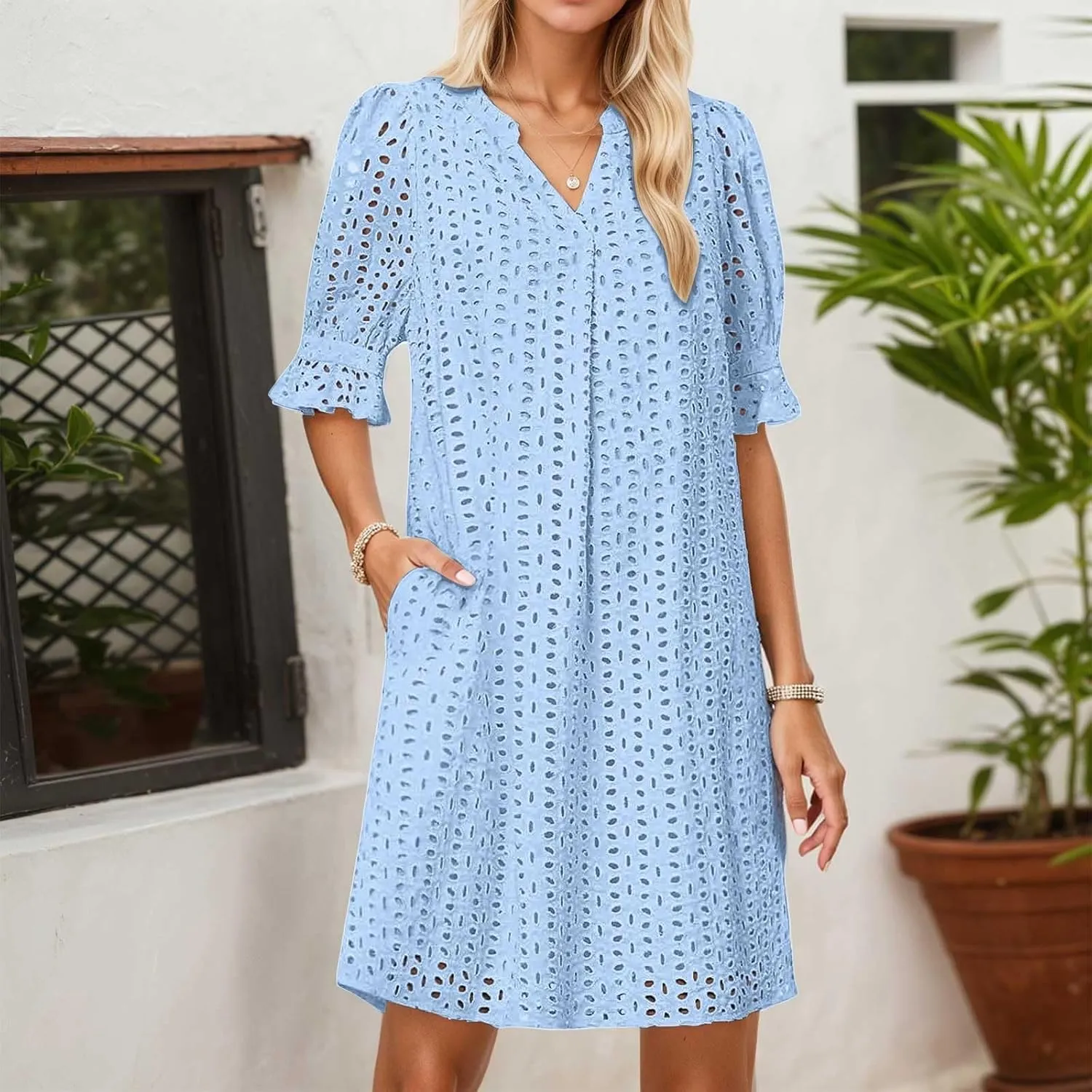 Women's 2025 Summer Dresses Ruffle Short Sleeve V Neck Hollow Out Eyelet Lace Dresses Casual Beach Vacation Mini Dress