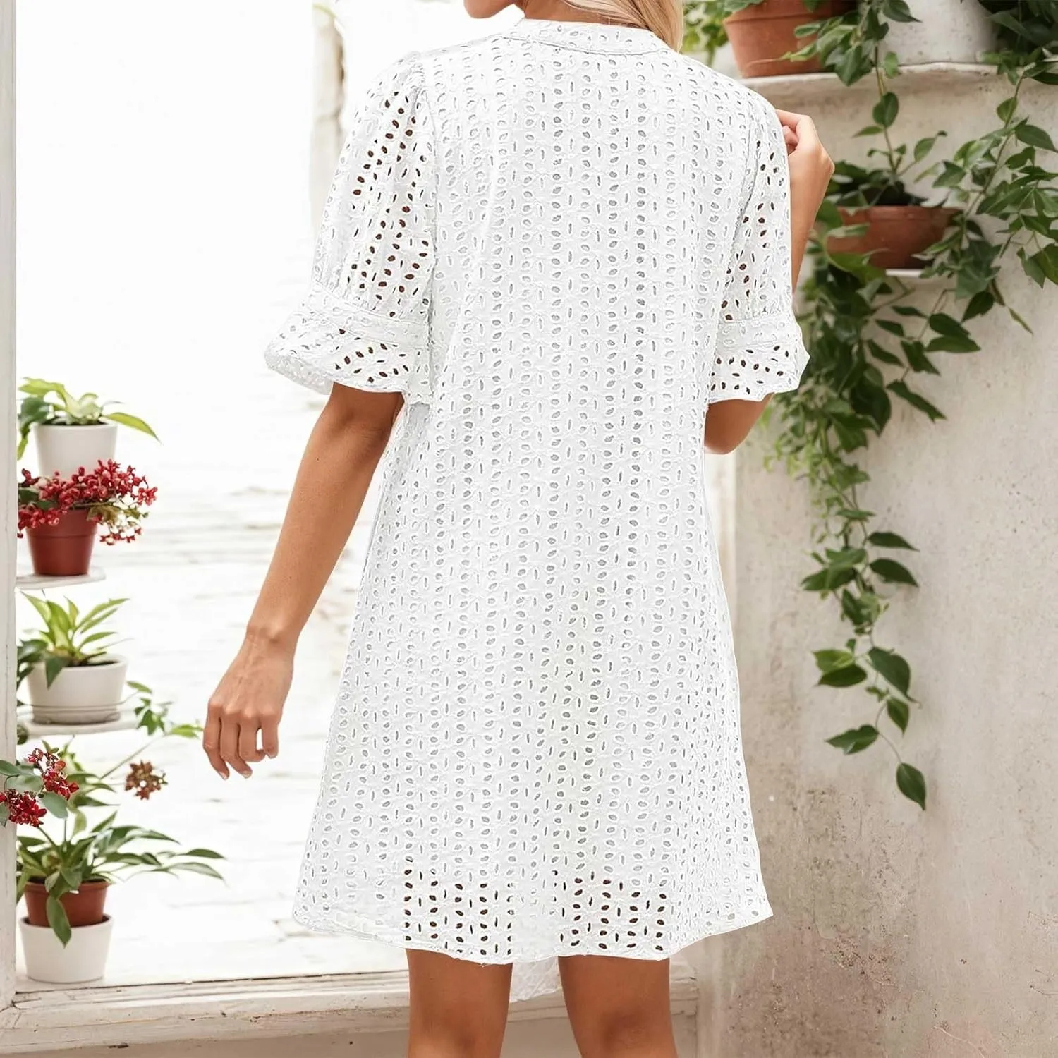 Women's 2025 Summer Dresses Ruffle Short Sleeve V Neck Hollow Out Eyelet Lace Dresses Casual Beach Vacation Mini Dress
