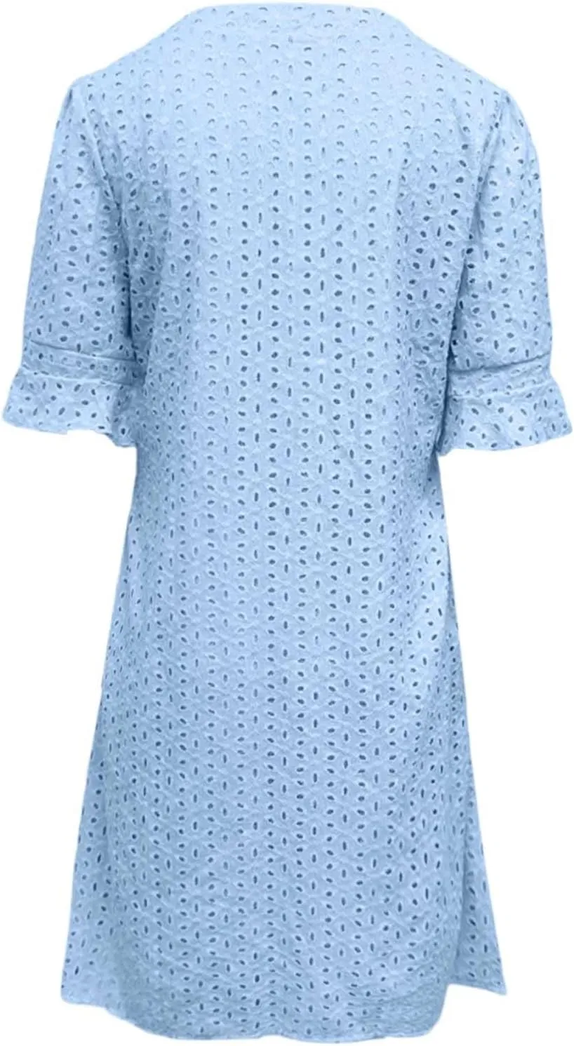 Women's 2025 Summer Dresses Ruffle Short Sleeve V Neck Hollow Out Eyelet Lace Dresses Casual Beach Vacation Mini Dress