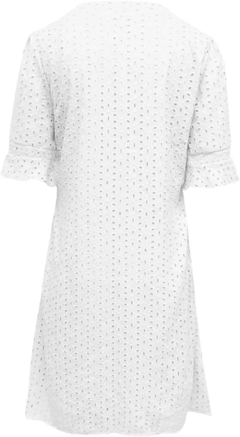 Women's 2025 Summer Dresses Ruffle Short Sleeve V Neck Hollow Out Eyelet Lace Dresses Casual Beach Vacation Mini Dress