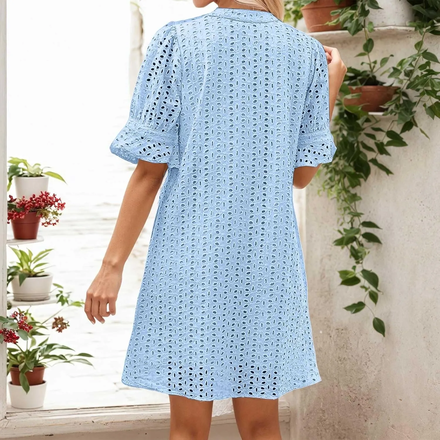 Women's 2025 Summer Dresses Ruffle Short Sleeve V Neck Hollow Out Eyelet Lace Dresses Casual Beach Vacation Mini Dress