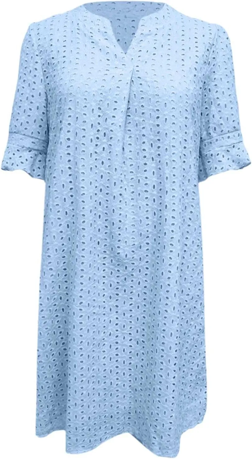 Women's 2025 Summer Dresses Ruffle Short Sleeve V Neck Hollow Out Eyelet Lace Dresses Casual Beach Vacation Mini Dress