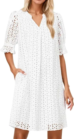 Women's 2025 Summer Dresses Ruffle Short Sleeve V Neck Hollow Out Eyelet Lace Dresses Casual Beach Vacation Mini Dress