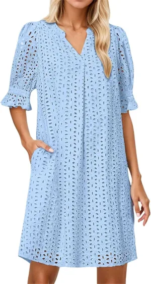 Women's 2025 Summer Dresses Ruffle Short Sleeve V Neck Hollow Out Eyelet Lace Dresses Casual Beach Vacation Mini Dress