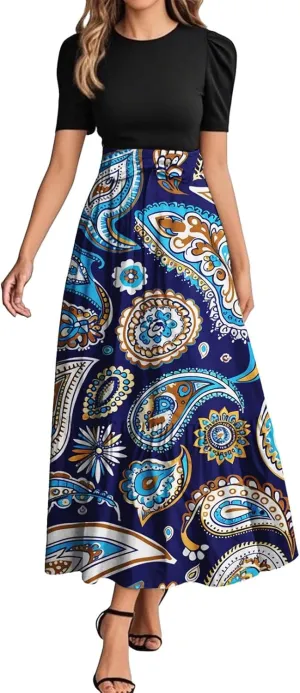 Women's 2025 Summer Floral Crew Neck Midi Dress Boho Short Sleeve High Waist Flowy Beach Vacation Dresses