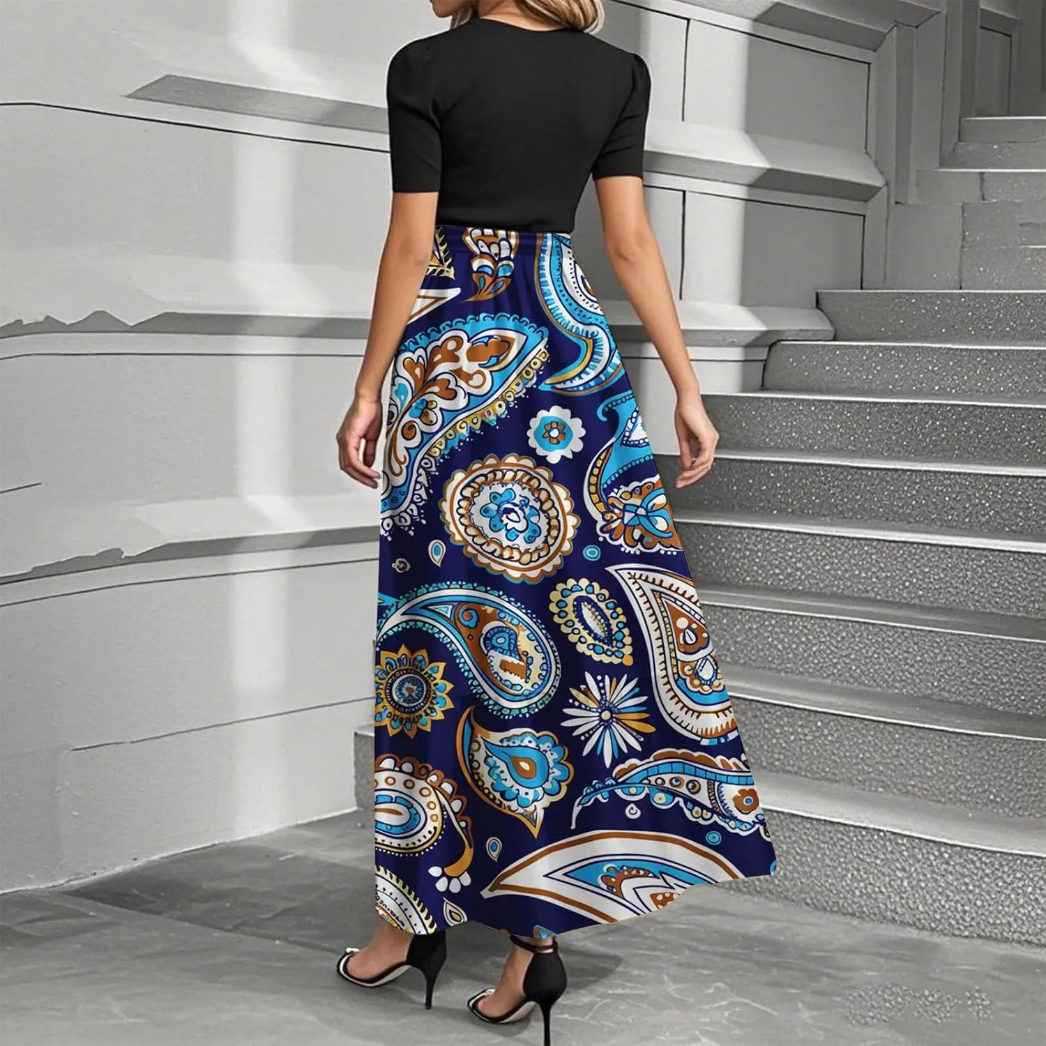 Women's 2025 Summer Floral Crew Neck Midi Dress Boho Short Sleeve High Waist Flowy Beach Vacation Dresses