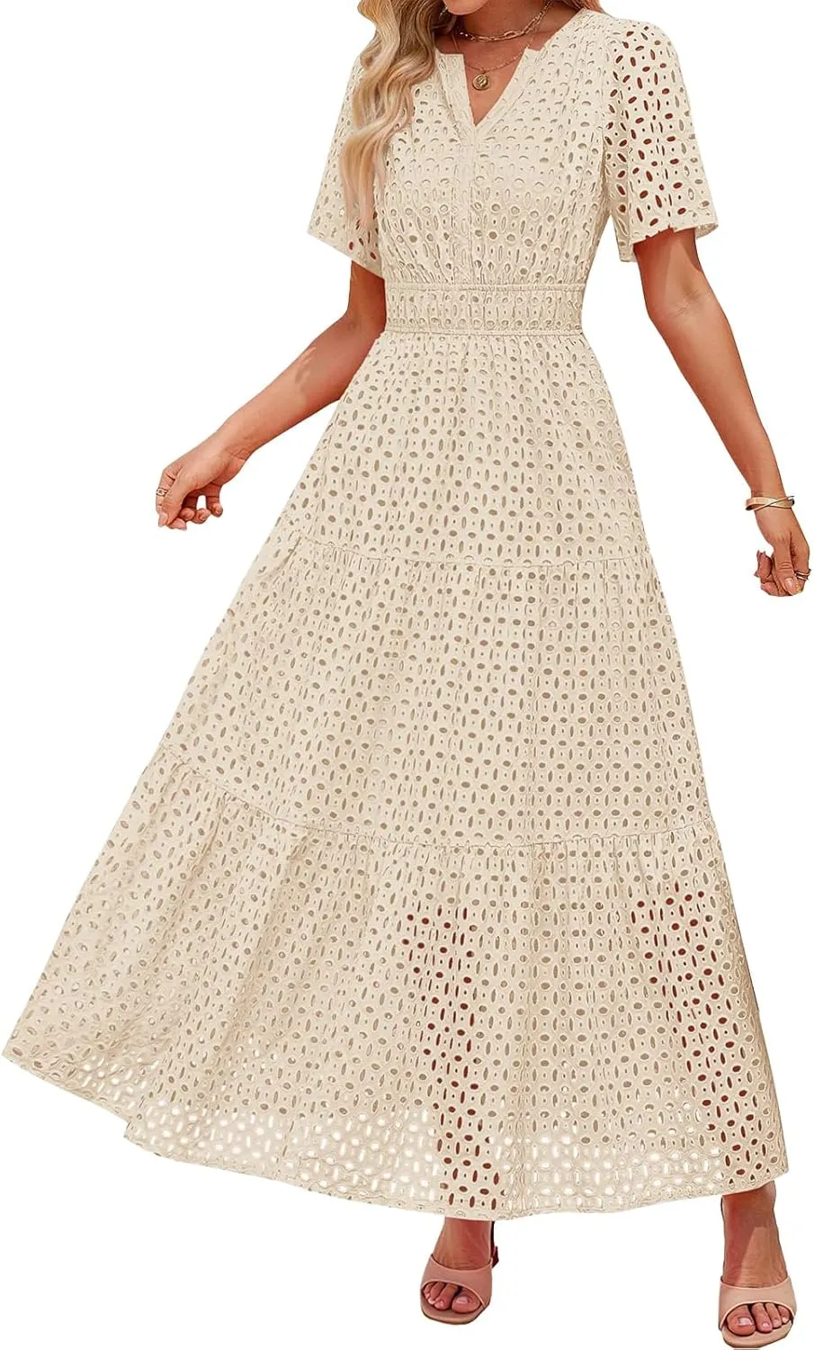 Womens 2025 Summer Maxi Dress Eyelet Boho Dressy Short Sleeve V Neck Hollow Out Swing Beach Vacation Long Dresses