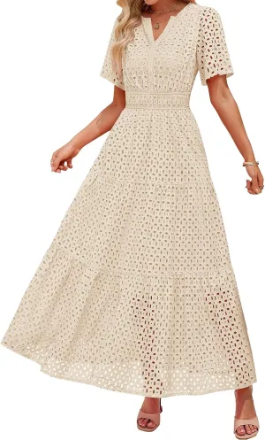 Womens 2025 Summer Maxi Dress Eyelet Boho Dressy Short Sleeve V Neck Hollow Out Swing Beach Vacation Long Dresses