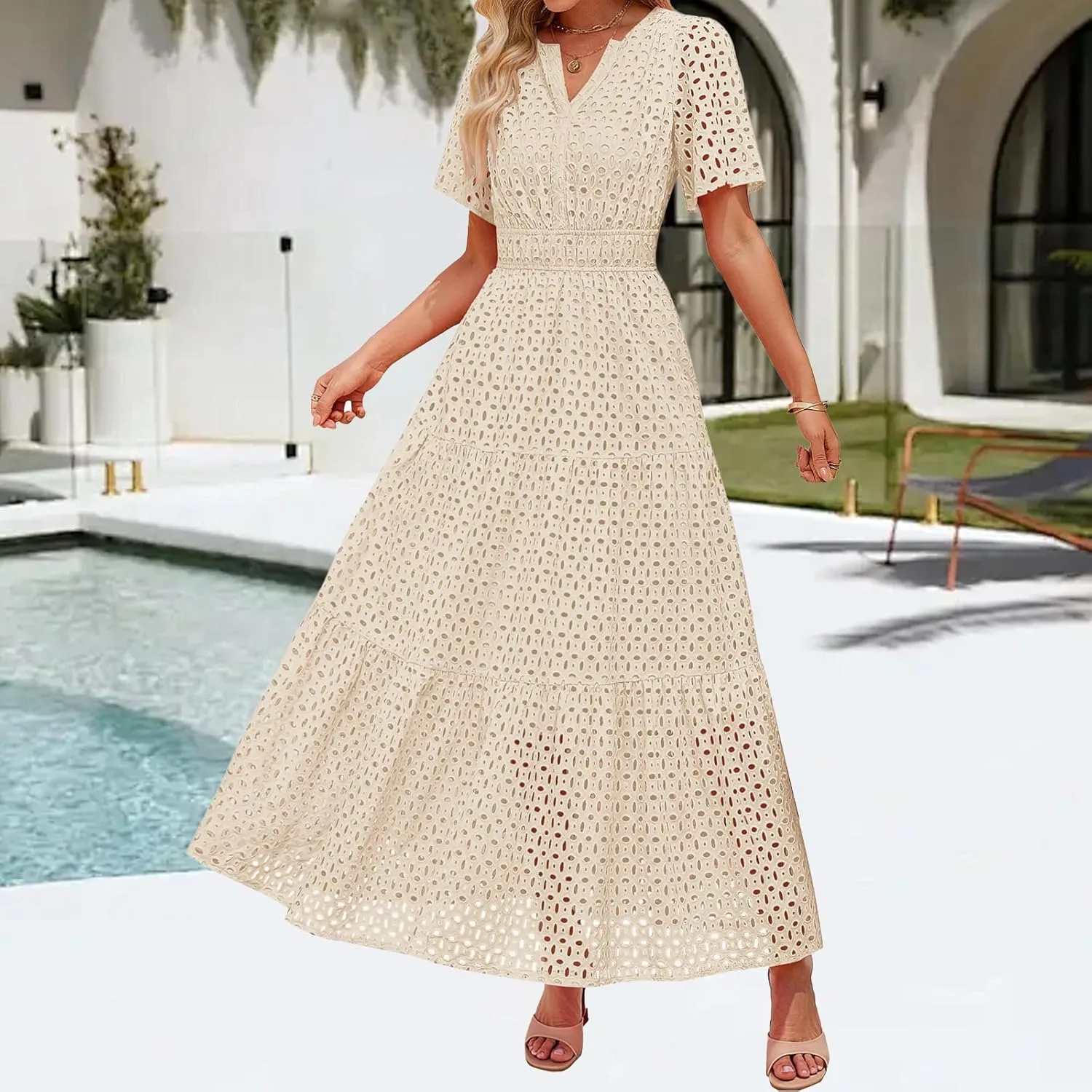 Womens 2025 Summer Maxi Dress Eyelet Boho Dressy Short Sleeve V Neck Hollow Out Swing Beach Vacation Long Dresses