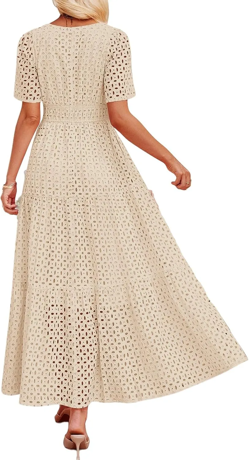 Womens 2025 Summer Maxi Dress Eyelet Boho Dressy Short Sleeve V Neck Hollow Out Swing Beach Vacation Long Dresses
