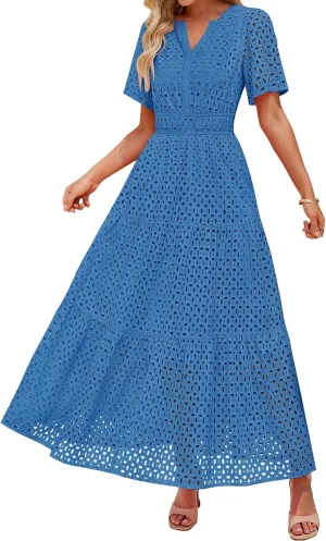 Women's 2025 Summer Maxi Dress Short Sleeve V Neck Hollow Out Casual Eyelet Ruffle Swing A Line Boho Long Dresses