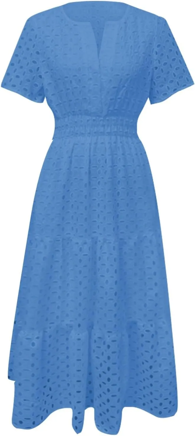 Women's 2025 Summer Maxi Dress Short Sleeve V Neck Hollow Out Casual Eyelet Ruffle Swing A Line Boho Long Dresses