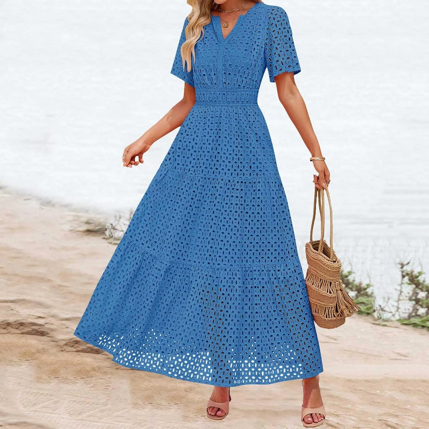 Women's 2025 Summer Maxi Dress Short Sleeve V Neck Hollow Out Casual Eyelet Ruffle Swing A Line Boho Long Dresses