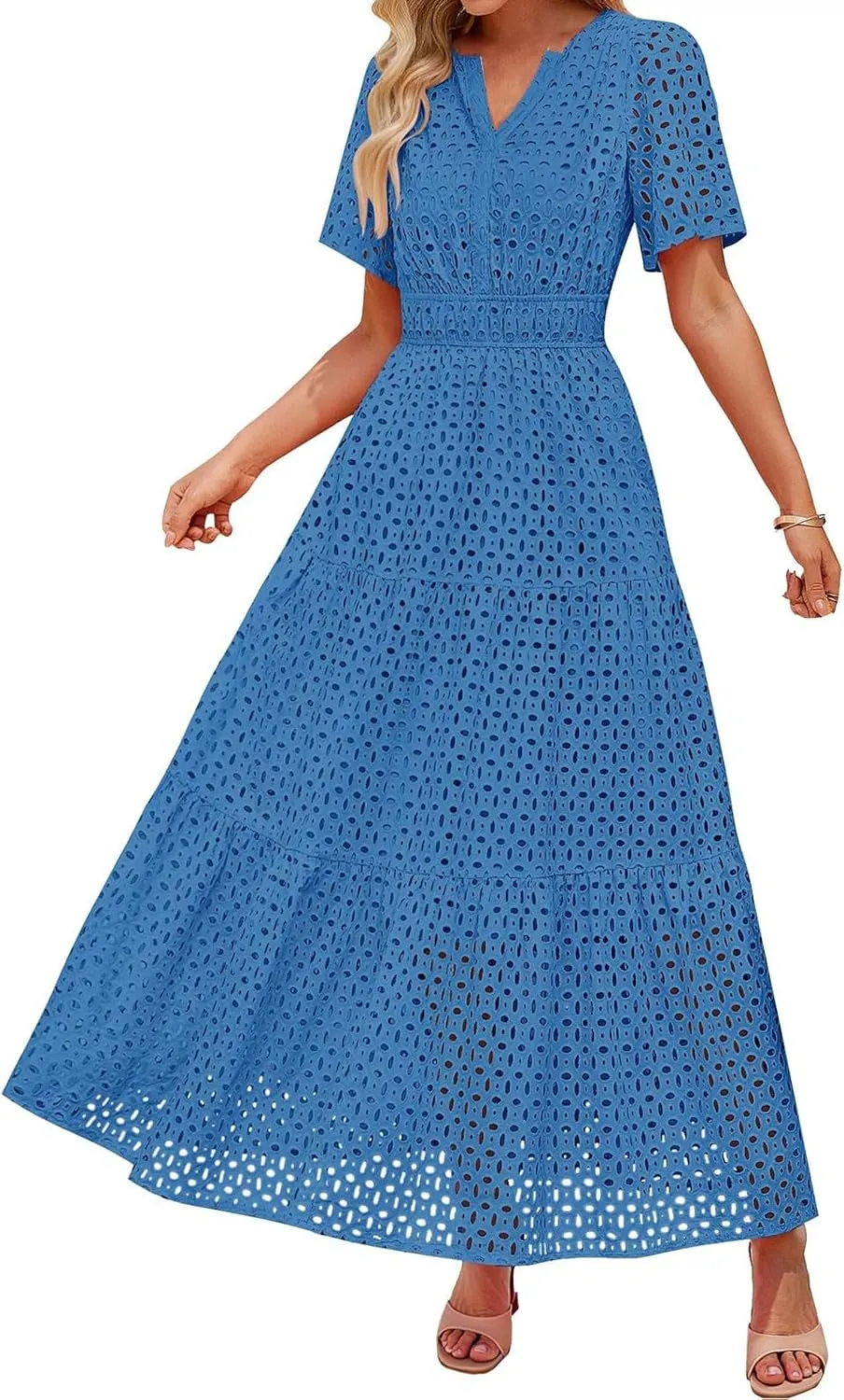Women's 2025 Summer Maxi Dress Short Sleeve V Neck Hollow Out Casual Eyelet Ruffle Swing A Line Boho Long Dresses