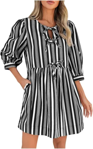 Womens 3/4 Sleeve Tie Front V Neck Midi Dress Flowy Swing Loose Fit Casual Vacation Dress Beach Sundress with Pocket