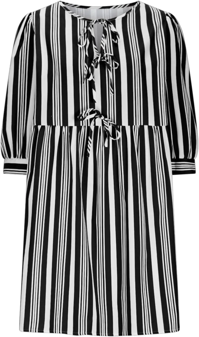 Womens 3/4 Sleeve Tie Front V Neck Midi Dress Flowy Swing Loose Fit Casual Vacation Dress Beach Sundress with Pocket