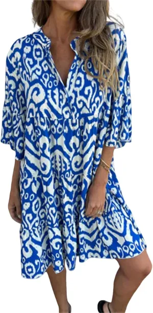 Women's Beach Cover Ups Sundress Casual V Neck Short Sleeve Boho Floral Print Flowy Maxi Summer Dresses
