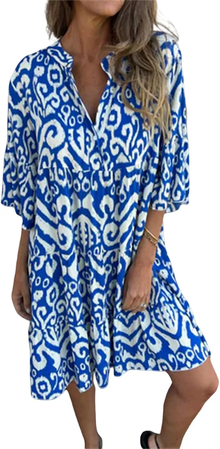 Women's Beach Cover Ups Sundress Casual V Neck Short Sleeve Boho Floral Print Flowy Maxi Summer Dresses