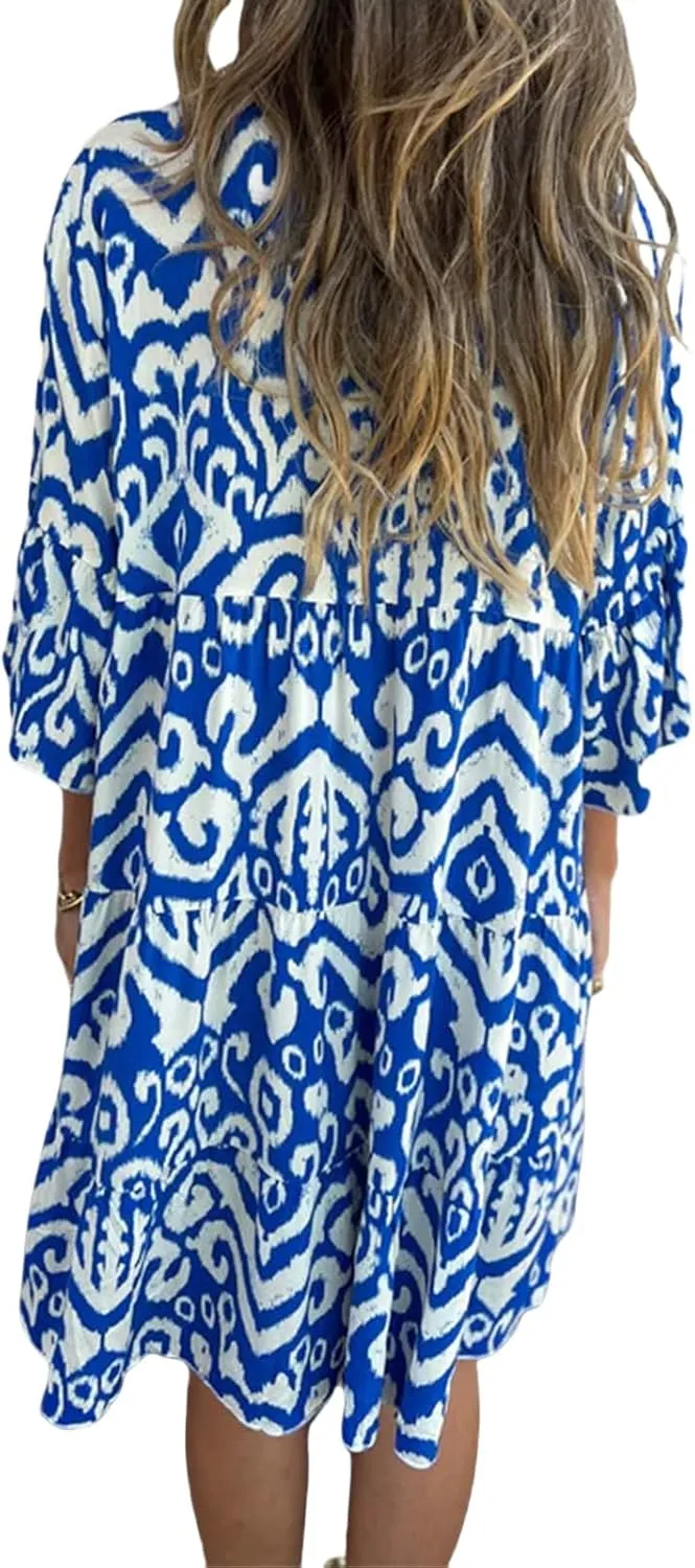 Women's Beach Cover Ups Sundress Casual V Neck Short Sleeve Boho Floral Print Flowy Maxi Summer Dresses