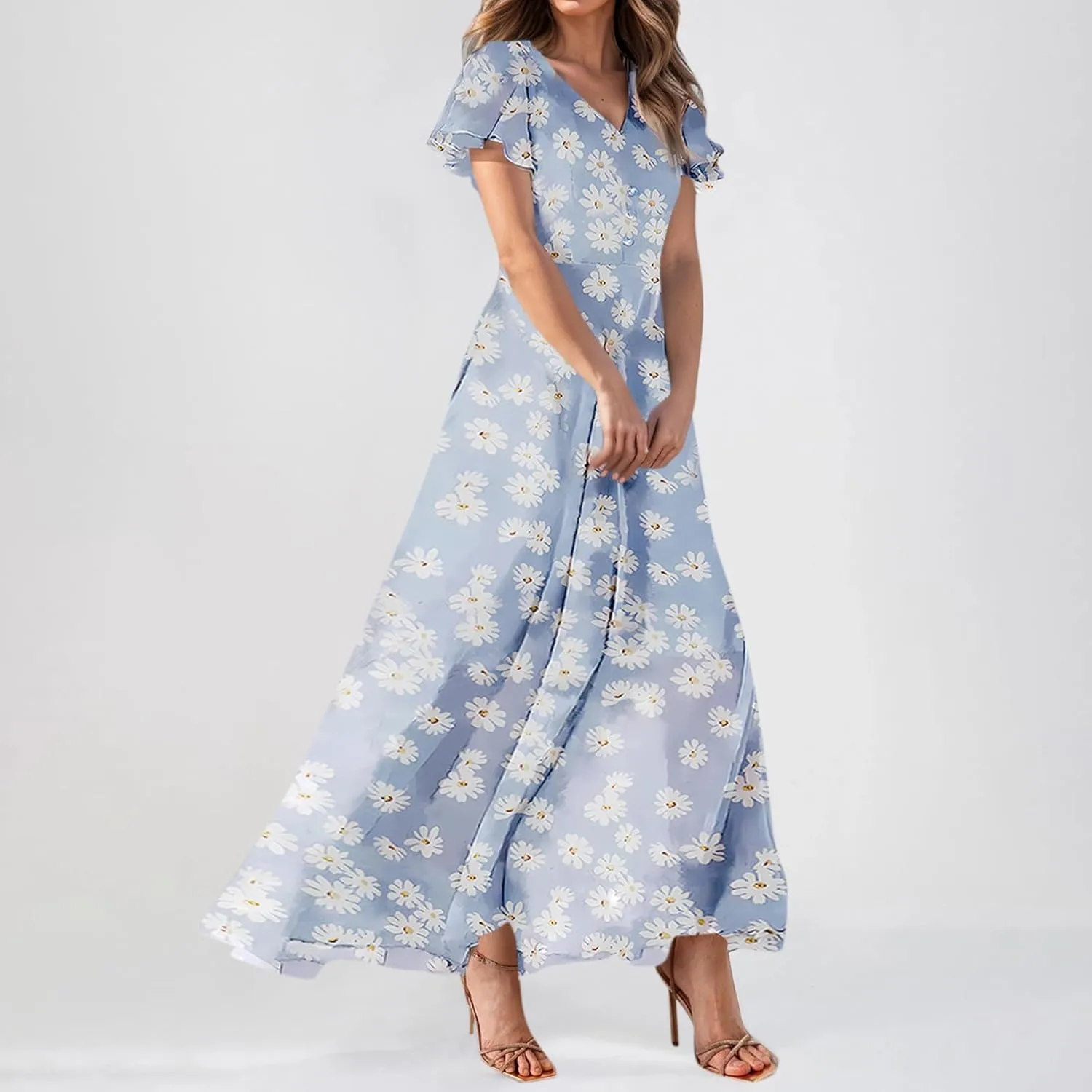 Women's Beach Dress Ruffle Short Sleeve Summer Casual Cute Floral Wedding Guest Chiffon Flowing Maxi Dresses