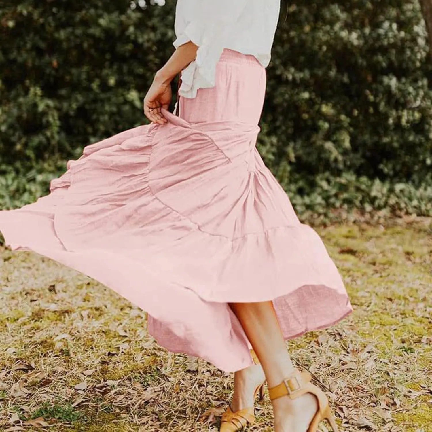 Women's Beach Maxi Skirts Elastic High Waist Drawstring Tired Pleated Skirt Summer Flowy Boho A Line Long Skirt
