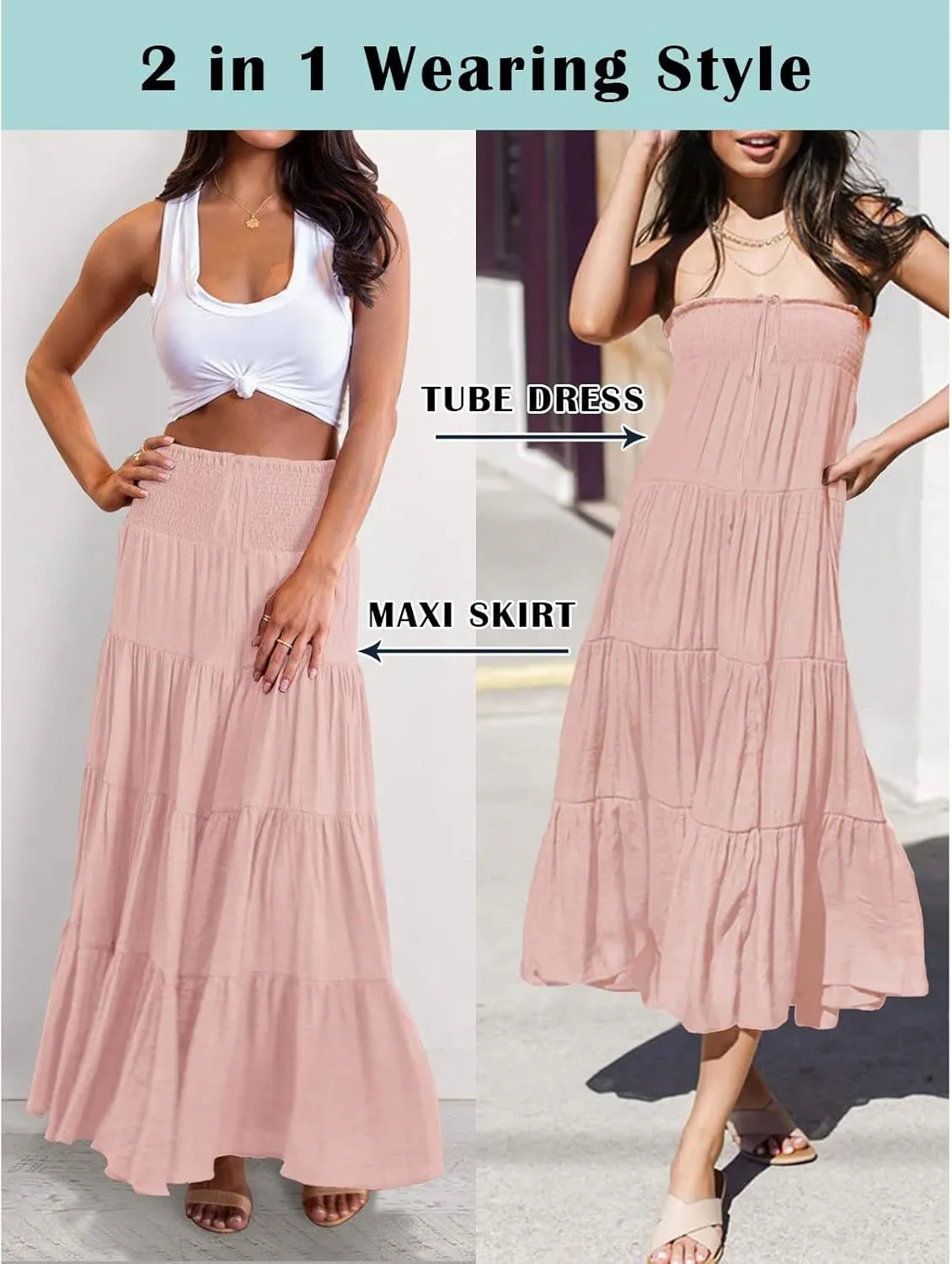 Women's Beach Maxi Skirts Elastic High Waist Drawstring Tired Pleated Skirt Summer Flowy Boho A Line Long Skirt