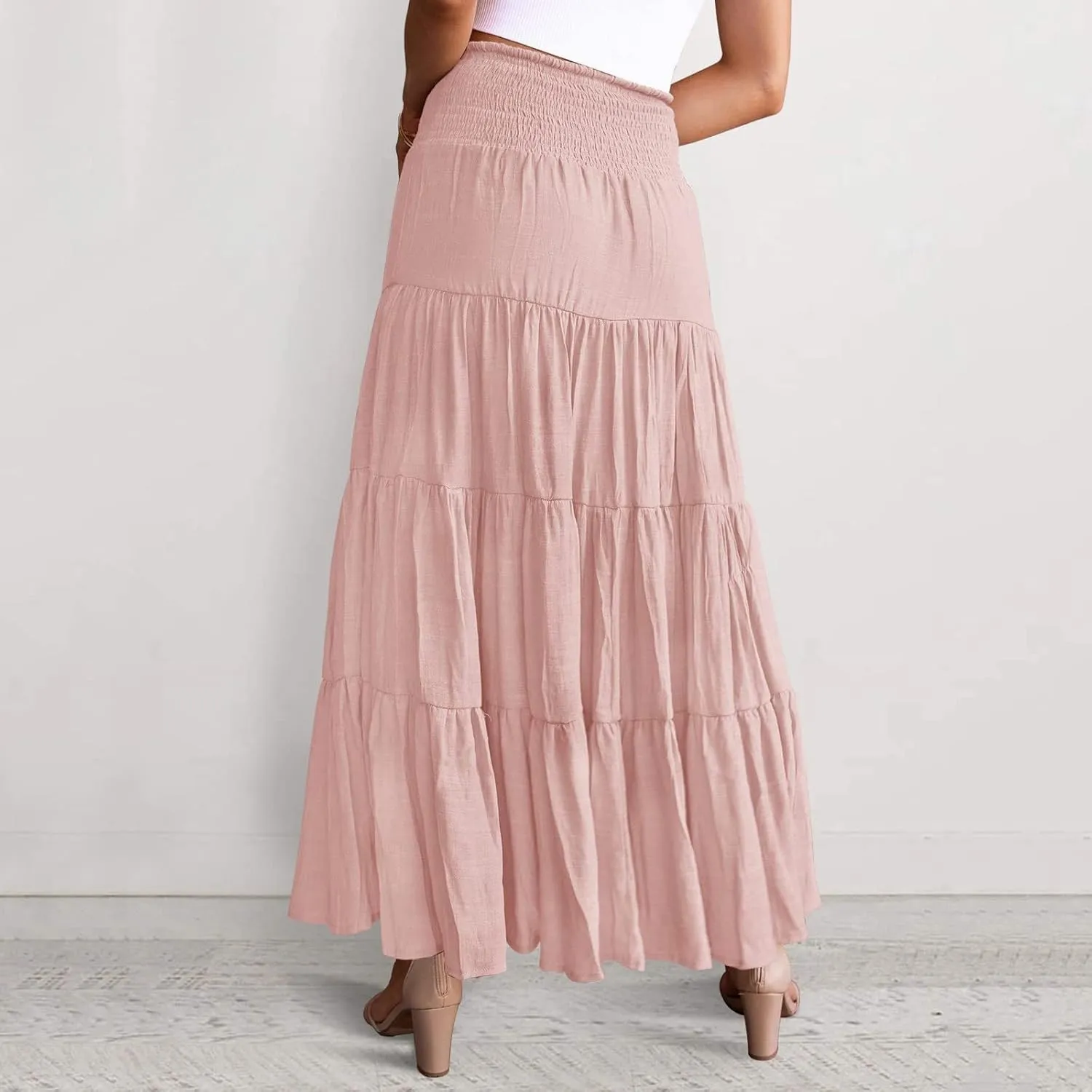 Women's Beach Maxi Skirts Elastic High Waist Drawstring Tired Pleated Skirt Summer Flowy Boho A Line Long Skirt
