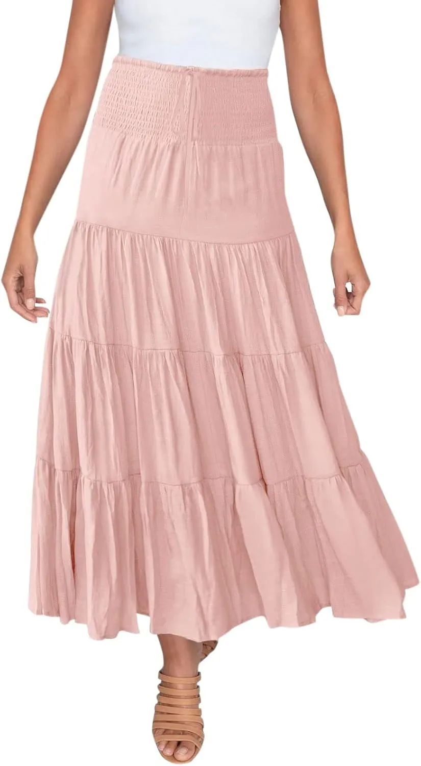 Women's Beach Maxi Skirts Elastic High Waist Drawstring Tired Pleated Skirt Summer Flowy Boho A Line Long Skirt