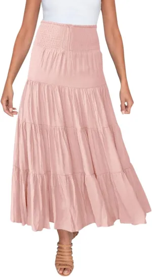 Women's Beach Maxi Skirts Elastic High Waist Drawstring Tired Pleated Skirt Summer Flowy Boho A Line Long Skirt