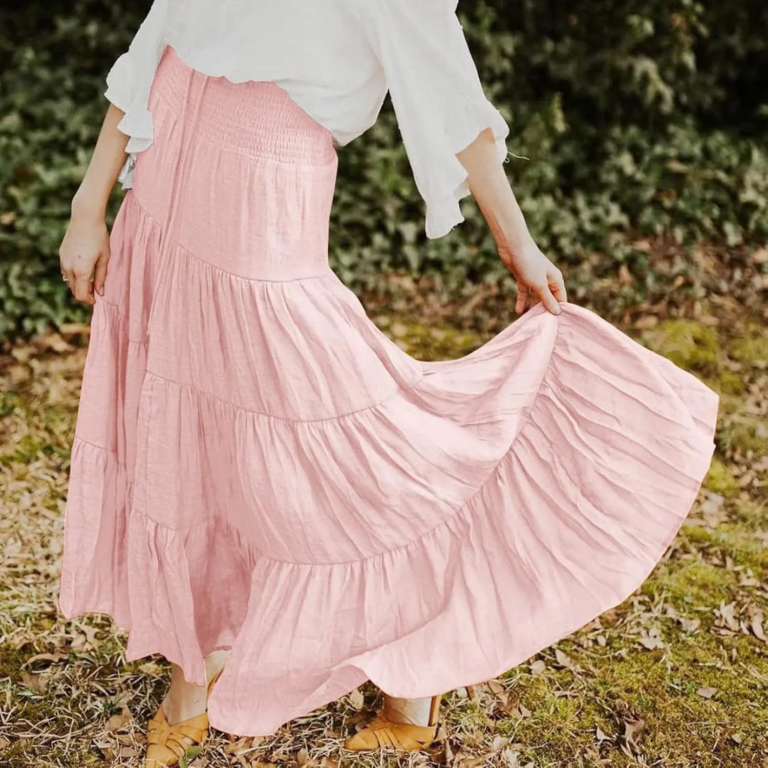Women's Beach Maxi Skirts Elastic High Waist Drawstring Tired Pleated Skirt Summer Flowy Boho A Line Long Skirt