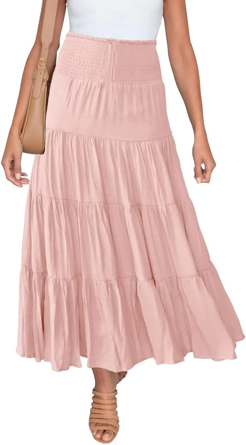 Women's Beach Maxi Skirts Elastic High Waist Drawstring Tired Pleated Skirt Summer Flowy Boho A Line Long Skirt