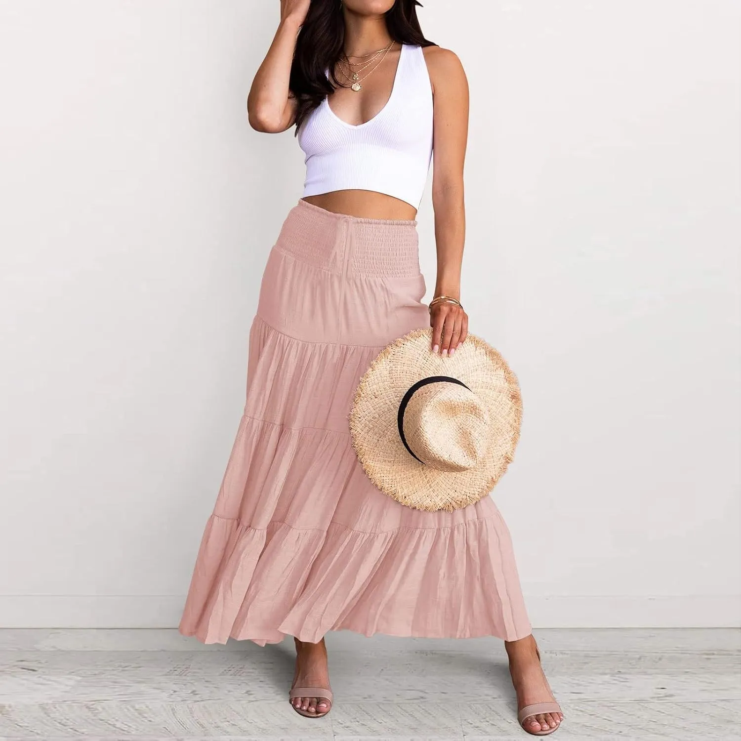 Women's Beach Maxi Skirts Elastic High Waist Drawstring Tired Pleated Skirt Summer Flowy Boho A Line Long Skirt