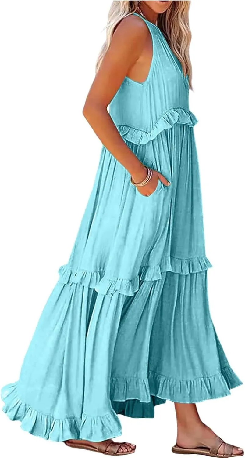 Women's Beach Vacation Clothes Summer Casual Loose Trendy Sleeveless Solid Color Flowy Maxi Sun Dress Plus Size, S-2XL
