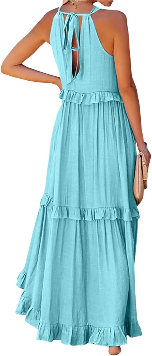 Women's Beach Vacation Clothes Summer Casual Loose Trendy Sleeveless Solid Color Flowy Maxi Sun Dress Plus Size, S-2XL