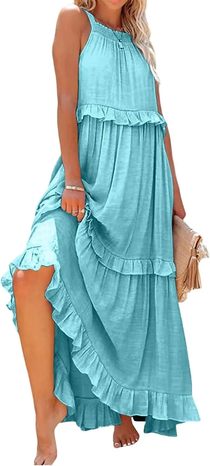 Women's Beach Vacation Clothes Summer Casual Loose Trendy Sleeveless Solid Color Flowy Maxi Sun Dress Plus Size, S-2XL