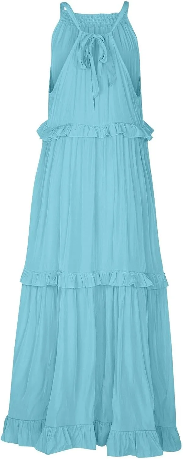 Women's Beach Vacation Clothes Summer Casual Loose Trendy Sleeveless Solid Color Flowy Maxi Sun Dress Plus Size, S-2XL