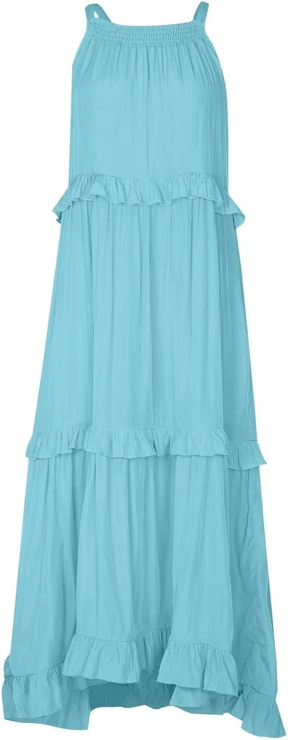 Women's Beach Vacation Clothes Summer Casual Loose Trendy Sleeveless Solid Color Flowy Maxi Sun Dress Plus Size, S-2XL