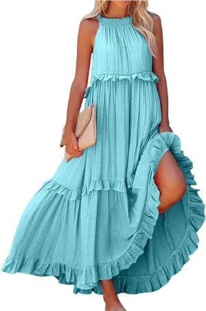 Women's Beach Vacation Clothes Summer Casual Loose Trendy Sleeveless Solid Color Flowy Maxi Sun Dress Plus Size, S-2XL