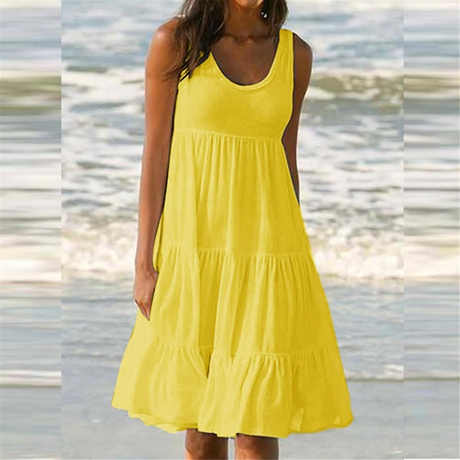 Women's Beach Vacation Clothes Summer Sundresses Casual Loose Trendy Sleeveless Solid Flowy Dress Plus Size, S-4XL