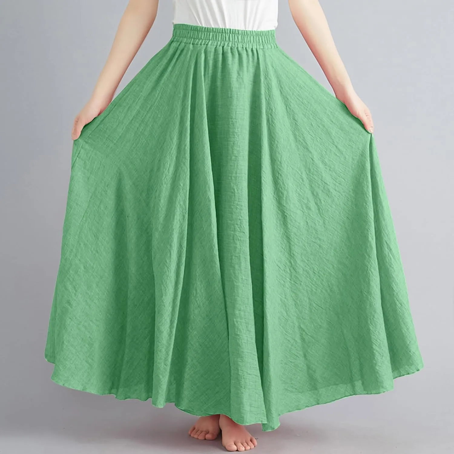 Women's Bohemian Style Elastic Waist Band Linen Long Maxi Skirt Dress Casual Summer Baggy A-Line Flowy Swing Skirts