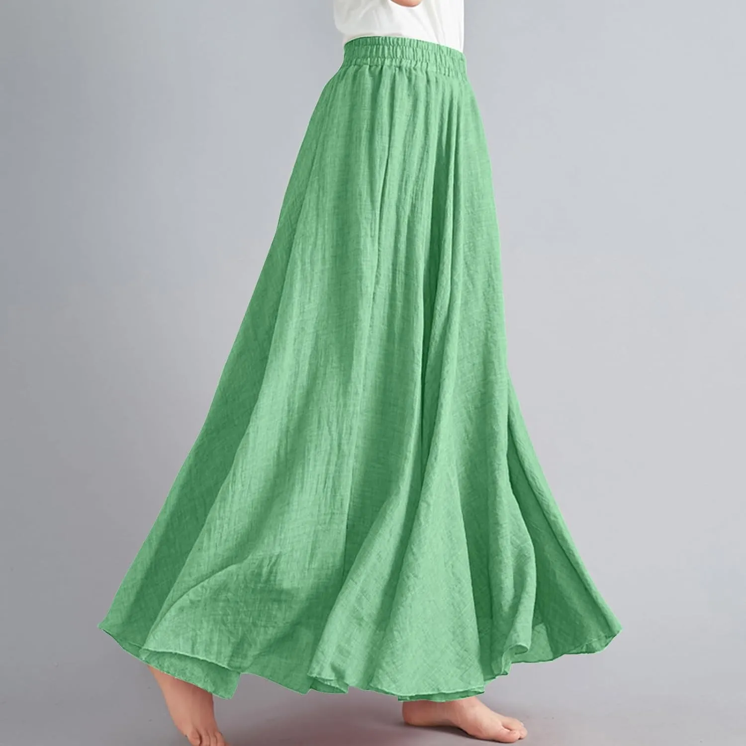 Women's Bohemian Style Elastic Waist Band Linen Long Maxi Skirt Dress Casual Summer Baggy A-Line Flowy Swing Skirts