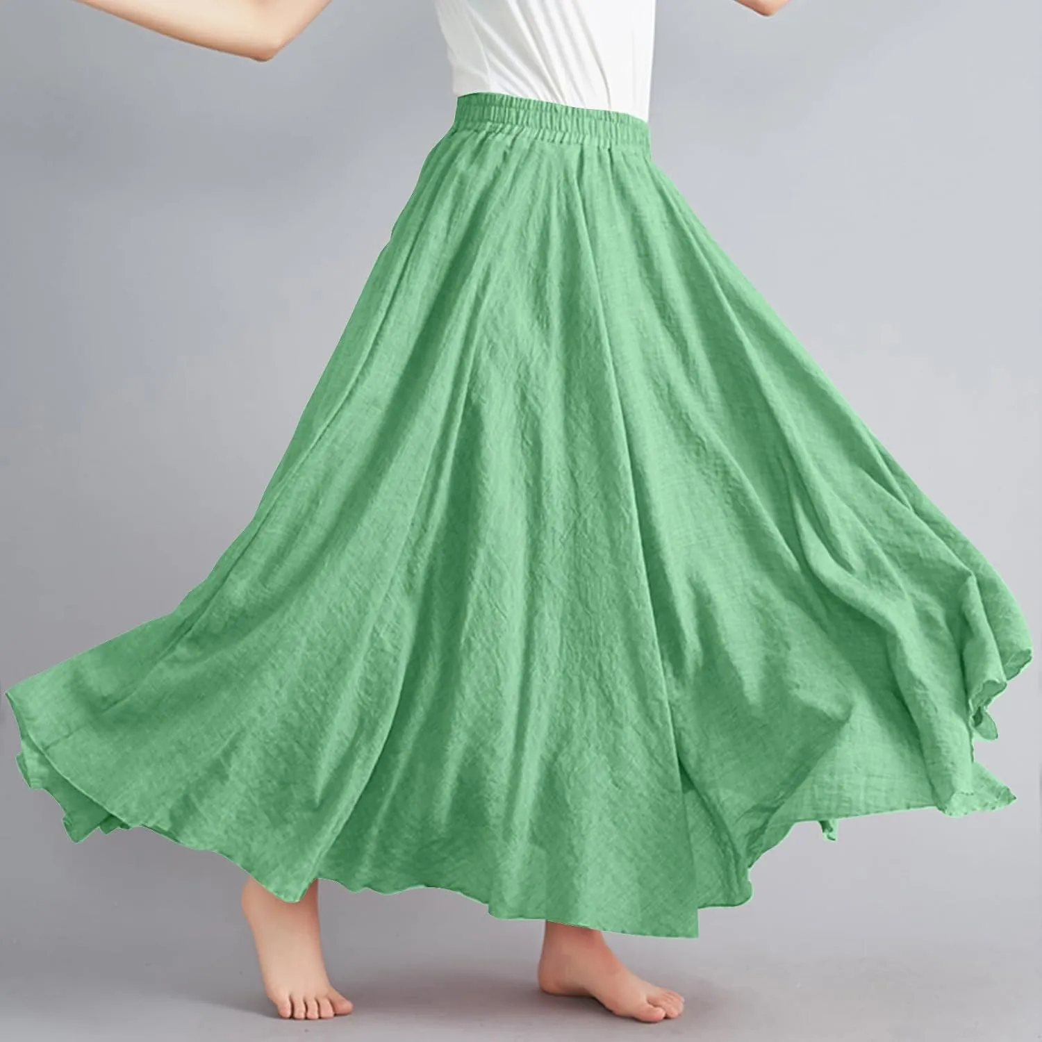 Women's Bohemian Style Elastic Waist Band Linen Long Maxi Skirt Dress Casual Summer Baggy A-Line Flowy Swing Skirts