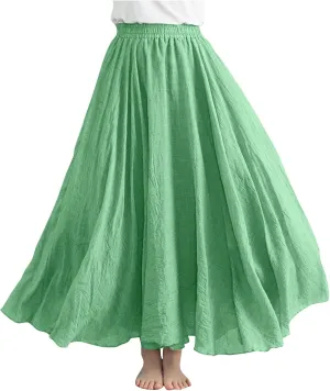 Women's Bohemian Style Elastic Waist Band Linen Long Maxi Skirt Dress Casual Summer Baggy A-Line Flowy Swing Skirts