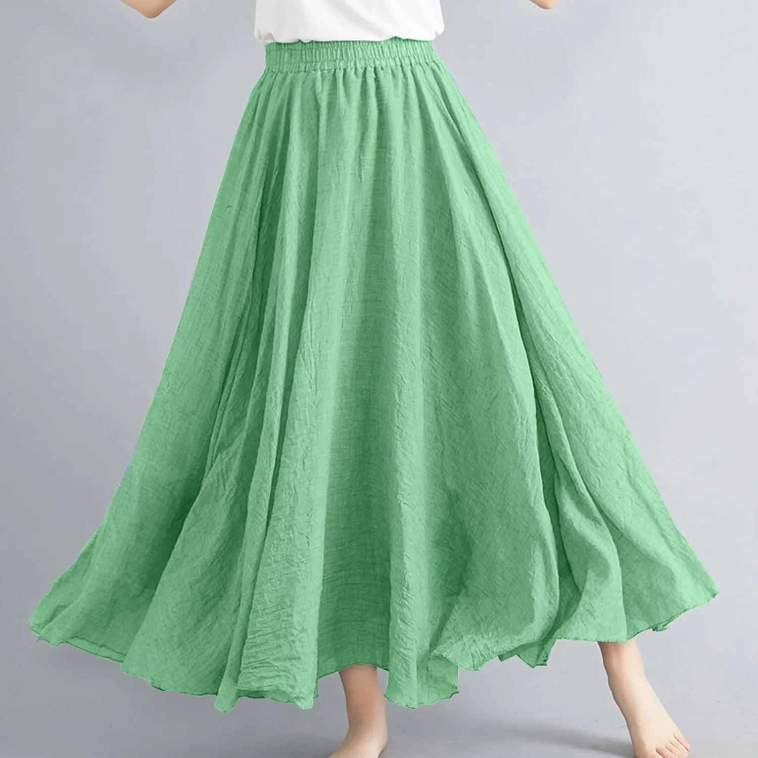 Women's Bohemian Style Elastic Waist Band Linen Long Maxi Skirt Dress Casual Summer Baggy A-Line Flowy Swing Skirts