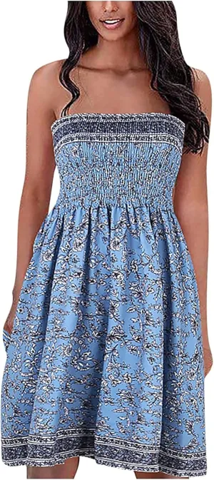 Womens Bohemian Tube Smocked Dress Off Shoulder Strapless Backless Ruffle Floral Beach Mini Dress (Color : Gray, Size : XX-Large)