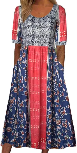 Women's Boho Dress Floral Flowy A Line Swing Casual Long Dress 3/4 Puff Sleeve Midi Loose Summer Beach Dresses with Pockets