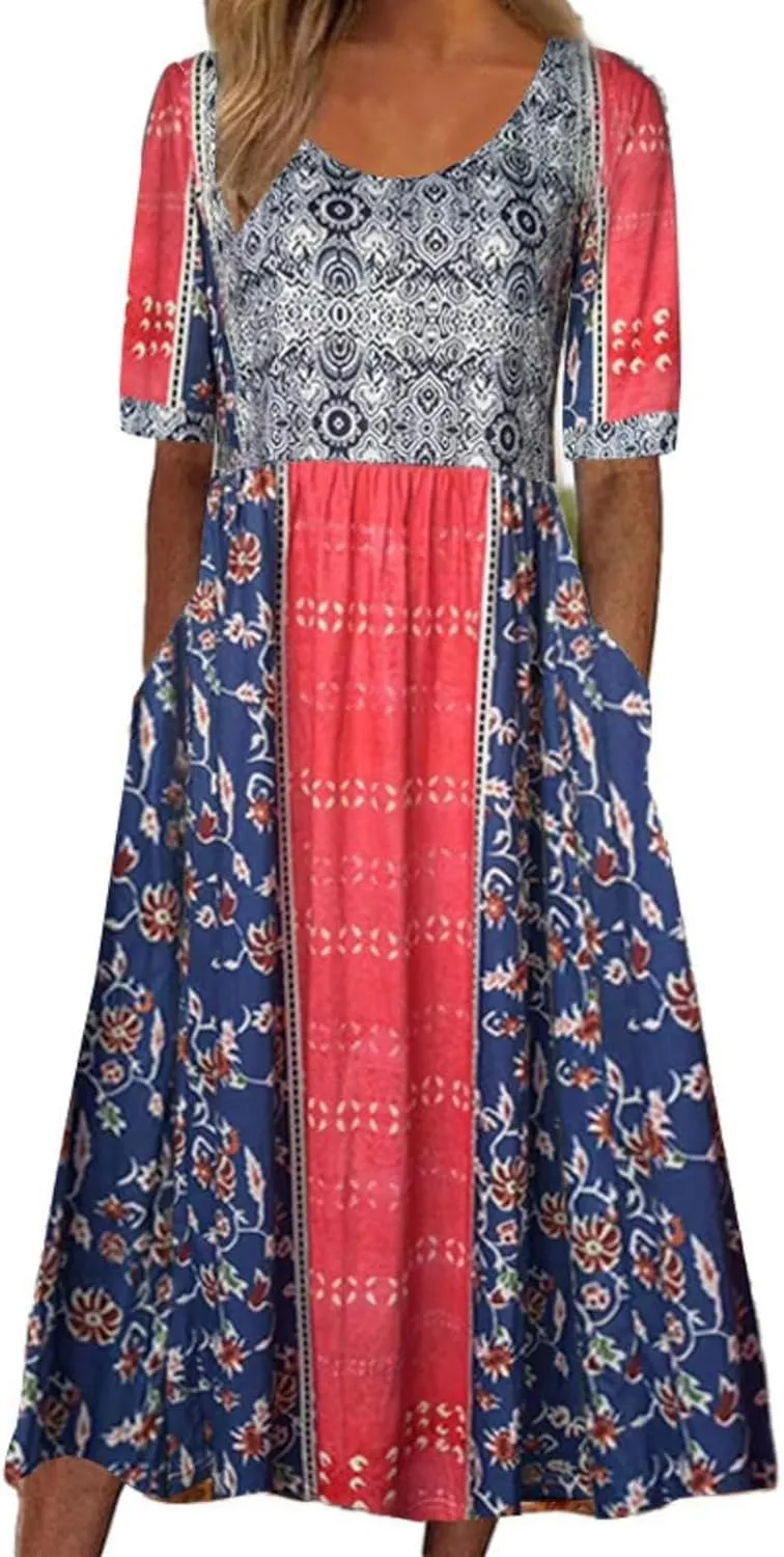 Women's Boho Dress Floral Flowy A Line Swing Casual Long Dress 3/4 Puff Sleeve Midi Loose Summer Beach Dresses with Pockets
