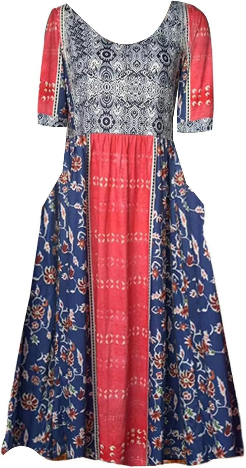 Women's Boho Dress Floral Flowy A Line Swing Casual Long Dress 3/4 Puff Sleeve Midi Loose Summer Beach Dresses with Pockets