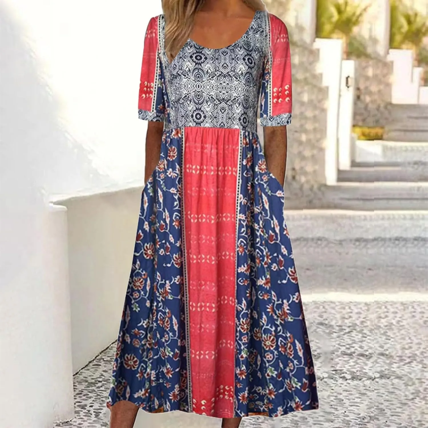 Women's Boho Dress Floral Flowy A Line Swing Casual Long Dress 3/4 Puff Sleeve Midi Loose Summer Beach Dresses with Pockets
